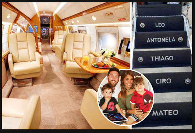 Lionel Messi - Embraer Legacy 650: Nhắc tới Lionel Messi không thể bỏ qua nhà vô địch World Cup 2022 đang là chủ nhân chiếc chuyên Embraer Legacy 650. Với giá bán lên tới 28 triệu euro, đây là một trong những chiếc máy bay tư nhân đắt đỏ nhất trong giới giày đinh áo số trên thế giới. So với chiếc Gulfstream G650, chuyên cơ của Messi chỉ kém một chút khi có sức chứa 14 hành khách. Bên cạnh đó, nó có thể chở tối đa lên tới 1.134 kg hành lý trong mỗi lần cất cánh. Một điểm nhấn nữa từ chuyên cơ của tiền đạo hiện khoác áo PSG là nó có tầm bay liên tục tới 7.200 km, đồng thời đạt vận tốc tối đa lên tới 850 km/h. Messi rất ưng ý với món đồ chơi đắt tiền này khi cho in tên cô vợ Antonella Roccuzzo cùng 3 nhóc: Thiago Messi, Mateo và Ciro Messi lên bậc thang máy bay.